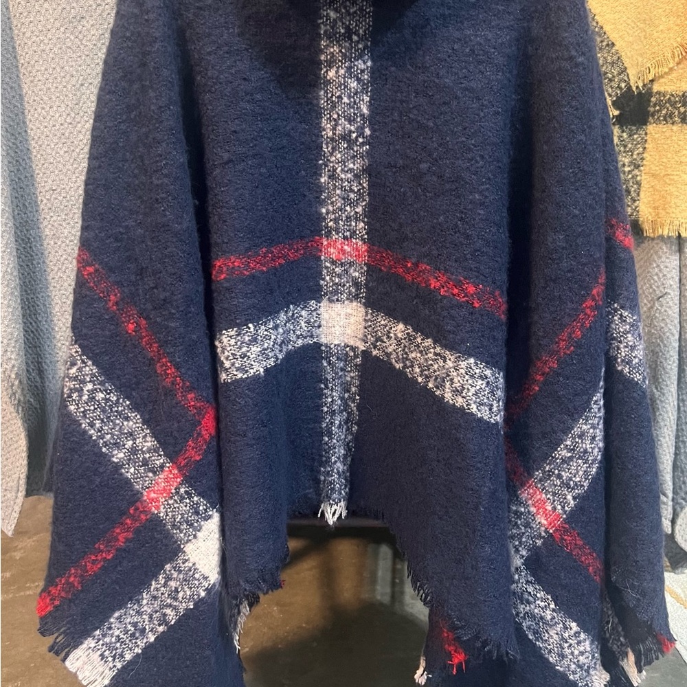 Elegant Navy Plaid Poncho